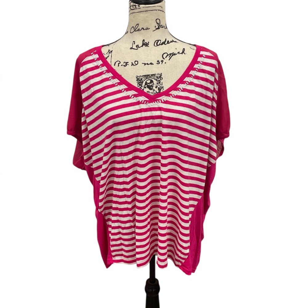 Faded Glory Women’s 4X Pink White Striped V Neck Colorblock Blouse Top